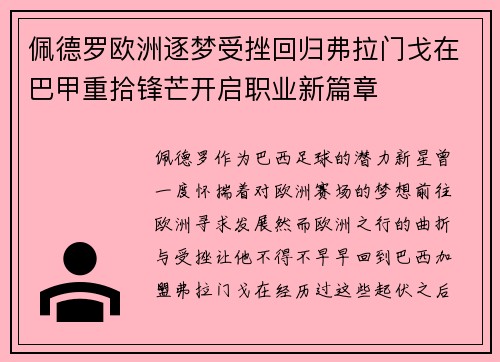 佩德罗欧洲逐梦受挫回归弗拉门戈在巴甲重拾锋芒开启职业新篇章