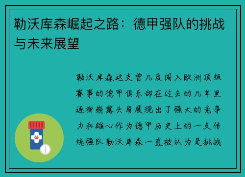 勒沃库森崛起之路:德甲强队的挑战与未来展望 勒沃库森崛起之路:德甲强队的挑战与未来展望